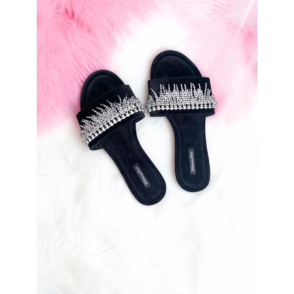 Victoria’s Secret l Black Silver Fringe Bling Flat Slippers, Slides l Med 8-9